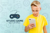 Front View Of Boy Captivated By Smartphone Psd