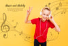 Front View Of Child Listening To Music On Headphones And Making Peace Sign Psd