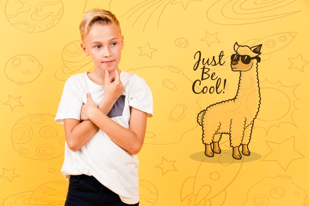 Front View Of Child Posing As If He'S Thinking Psd