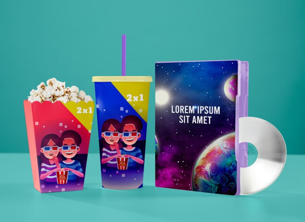 Front View Of Cinema Cup With Popcorn And Dvd Psd