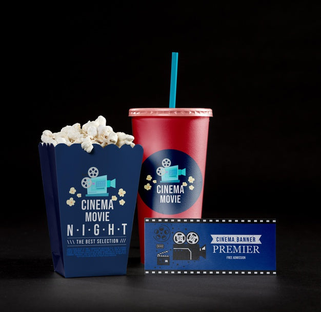 Front View Of Cinema Popcorn With Cup And Card Psd