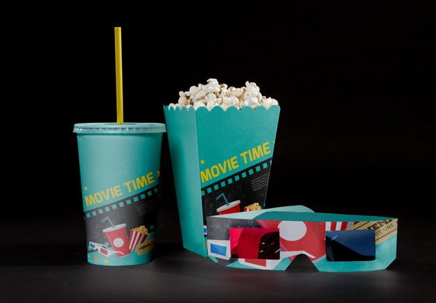 Front View Of Cinema Popcorn With Threedimensional Glasses And Cup Psd