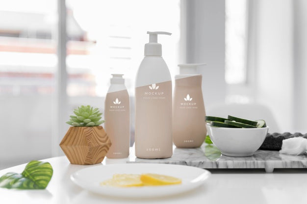 Front View Of Cosmetic Bottles Of The Table At Home Psd