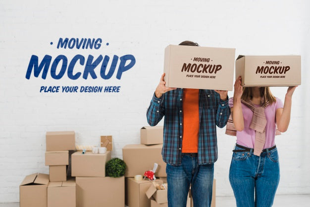 Front View Of Couple Posing With Moving Boxes Mock-Up Psd
