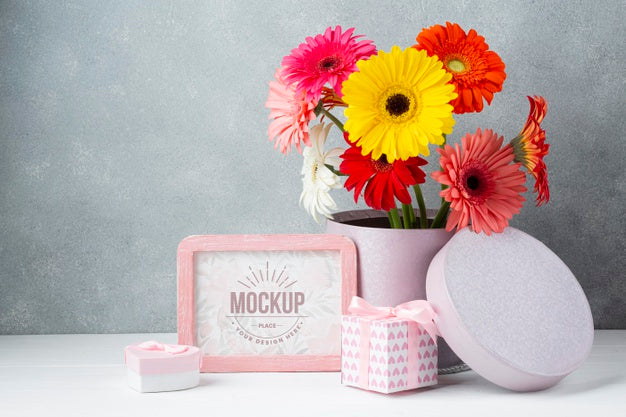 Front View Of Daisy Pot With Gifts And Frame Psd