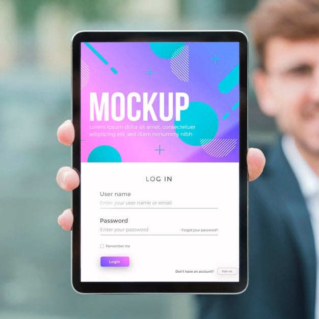 Front View Of Defocused Businessman Holding Tablet Psd