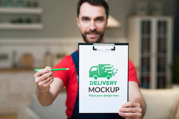 Front View Of Delivery Man In House Psd