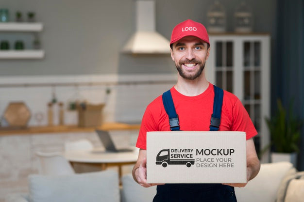 Front View Of Delivery Man In House Psd
