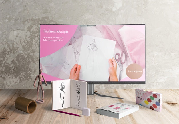 Front View Of Designer Desk With Acuarelas Psd