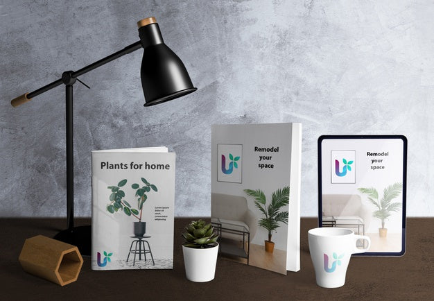 Front View Of Desk Scene Creator With Plant Elements Psd