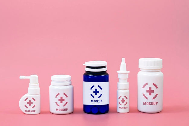 Front View Of Different Medicine Containers Psd