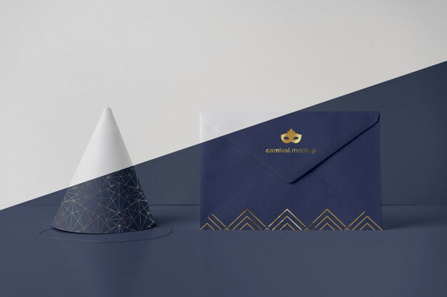 Front View Of Envelope With Carnival Invitation And Cone Psd