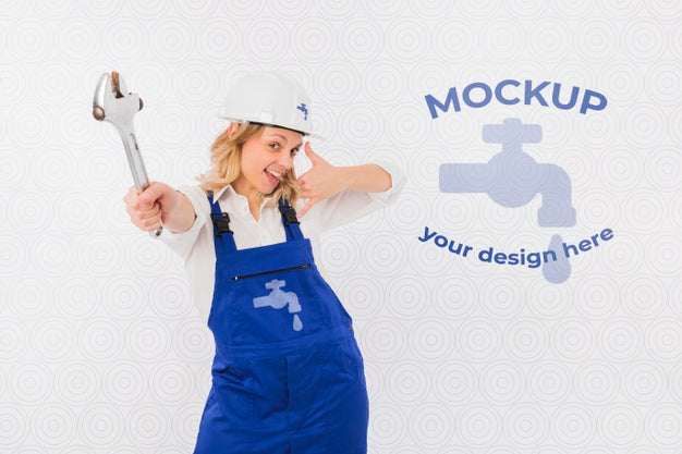 Front View Of Female Plumber In Uniform With Wrench Psd