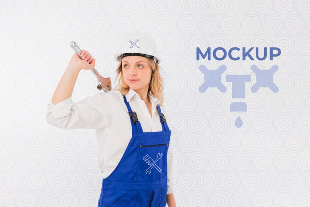Front View Of Female Plumber With Wrench Psd
