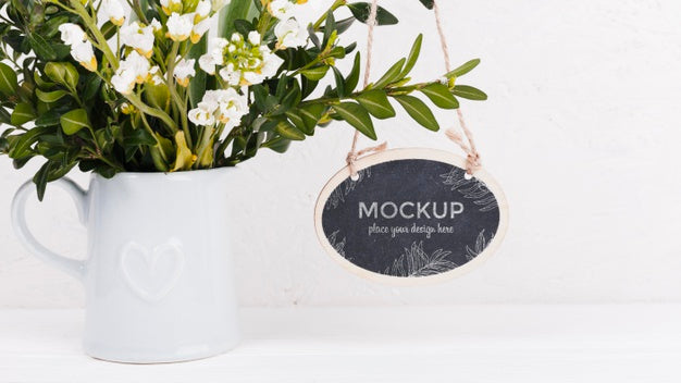Front View Of Flowers Arrangement With Sign Mock-Up Psd