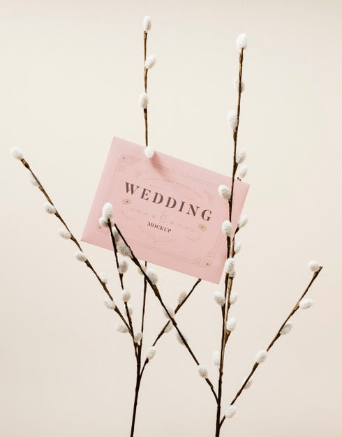 Front View Of Flowers With Wedding Card Psd