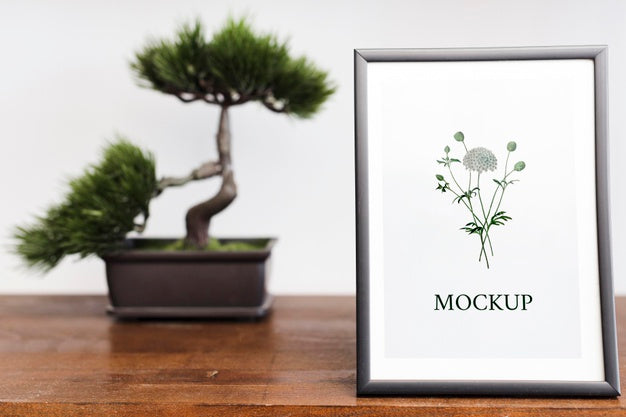 Front View Of Frame And Bonsai For Home Interior Psd