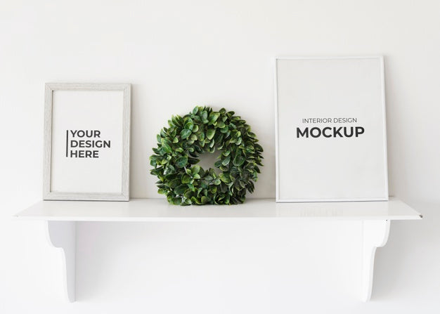Front View Of Frames And Wreath For Home Interior Psd
