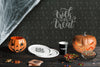 Front View Of Halloween Elements On Wooden Table Psd