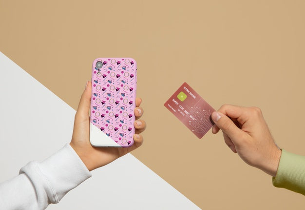 Front View Of Hand Held Smartphone And Credit Card Psd