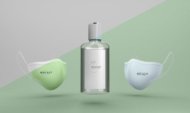 Front View Of Hand Sanitizer Mock-Up Bottle And Face Masks Psd
