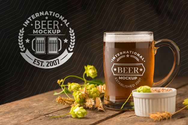 Front View Of Mock-Up Beer Pint With Barley Psd