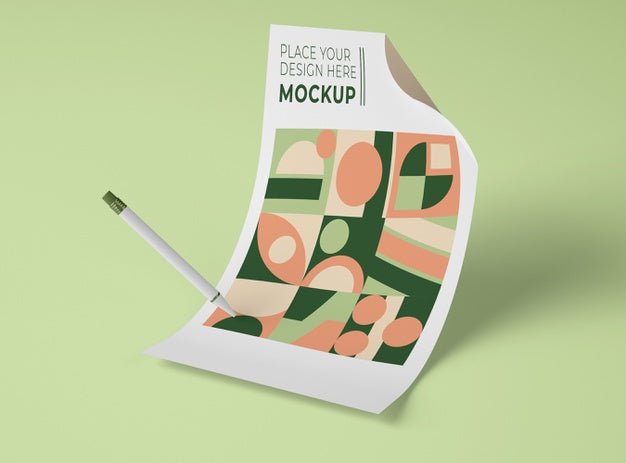 Front View Of Mock-Up Paper With Geometric Shapes And Pen Psd
