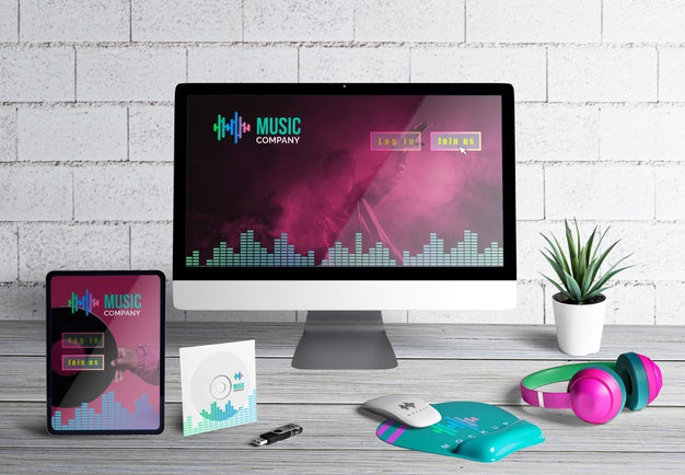 Front View Of Music Desk With Wooden Table Psd