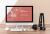 Front View Of Photographer Wooden Workspace With Computer Monitor Psd