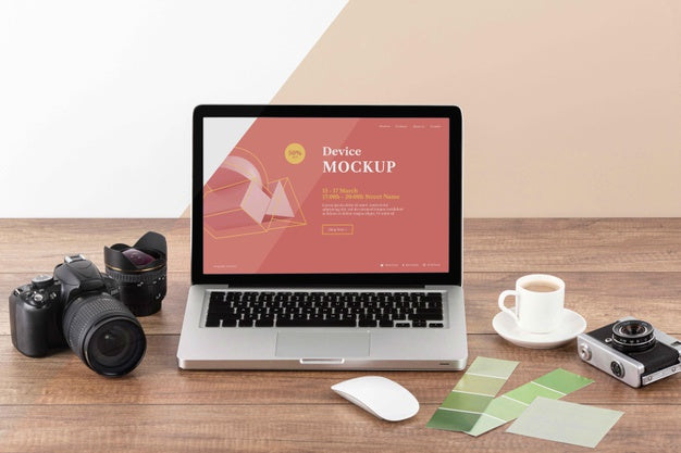 Front View Of Photographer Wooden Workspace With Laptop Psd