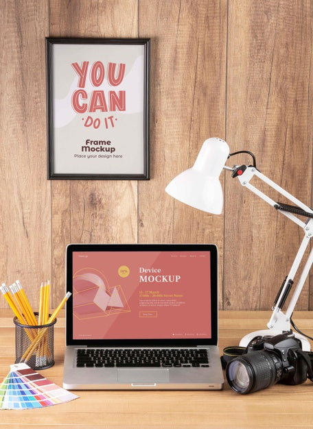 Front View Of Photographer Wooden Workspace With Laptop Psd