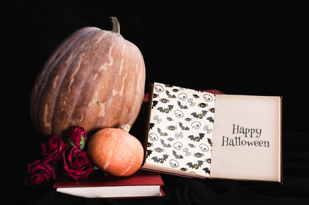 Front View Of Pumpkin And Mock-Up Book Psd