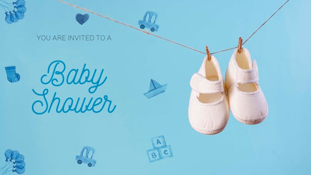 Front View Of Shoes And Invitation For Baby Shower Psd