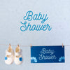 Front View Of Shoes With Blue Baby Shower Decoration Psd