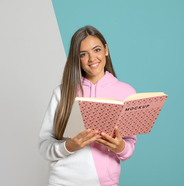Front View Of Smiley Woman Holding Book Psd