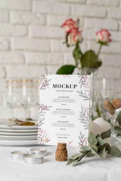Front View Of Spring Menu Mock-Up With Flowers And Candles Psd