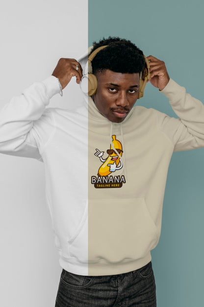 Front View Of Stylish Man In Hoodie With Headphones Psd