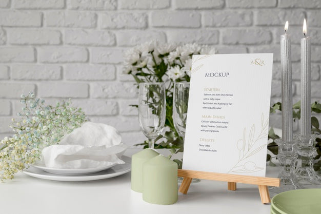 Front View Of Table Arrangement With Spring Menu Mock-Up And Candles Psd