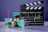 Front View Of Three Cinema Cups With Straws And Clapperboard Psd