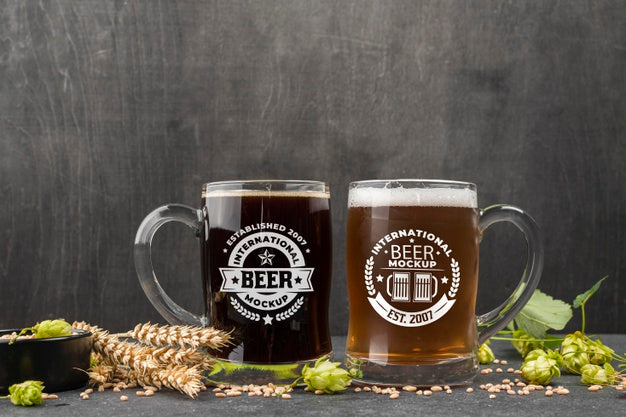 Front View Of Two Beer Pints With Barley Psd