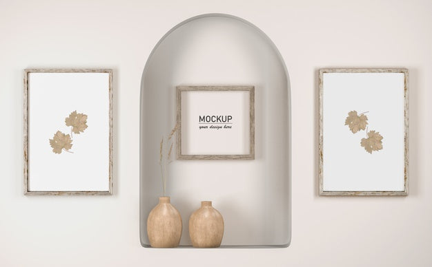 Front View Of Wall With Frame Decor And Vases Psd