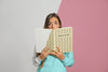 Front View Of Woman Holding Up Book Psd