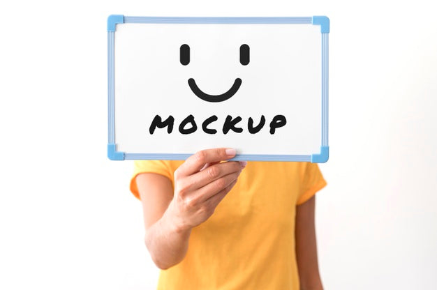 Front View Of Woman Holding Whiteboard In Hand Psd