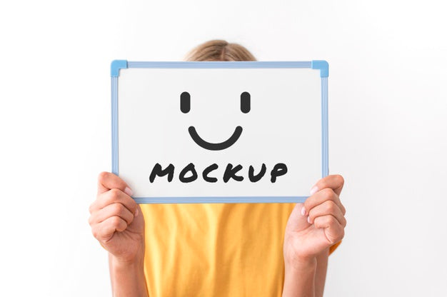 Front View Of Woman Holding Whiteboard Psd