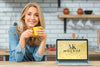 Front View Of Woman In The Kitchen With Coffee And Laptop Psd