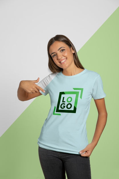 Front View Of Woman Pointing At The T-Shirt She'S Wearing Psd