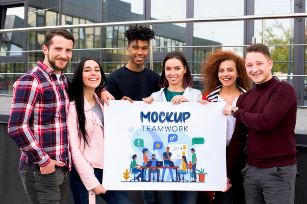 Front View People Holding Teamwork Mock-Up Psd