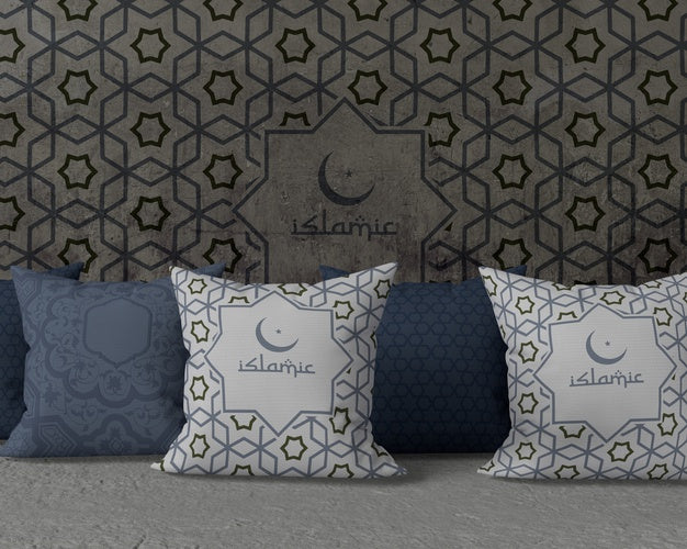 Front View Ramadan Arrangement Mock-Up With Pillows Psd