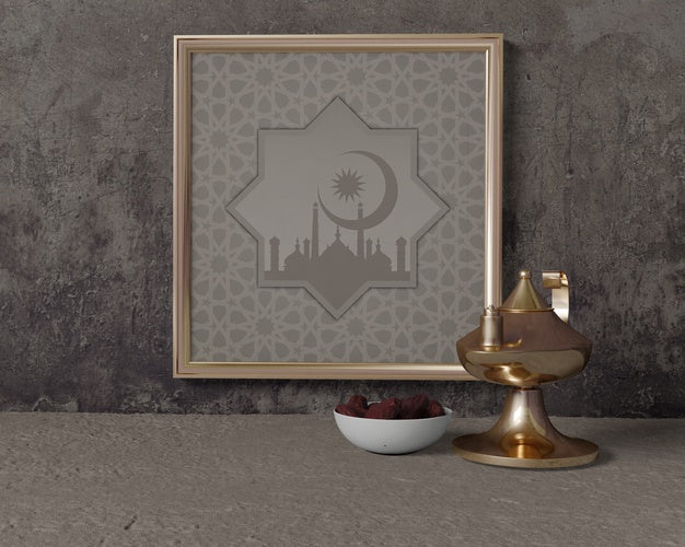 Front View Ramadan Composition Mock-Up With Frame Psd