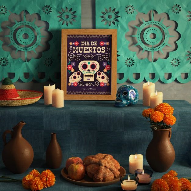 Front View Shot Of Dia De Muertos Mock-Up With Skull Psd